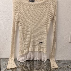Cream Knit Sweater with Lace Hem